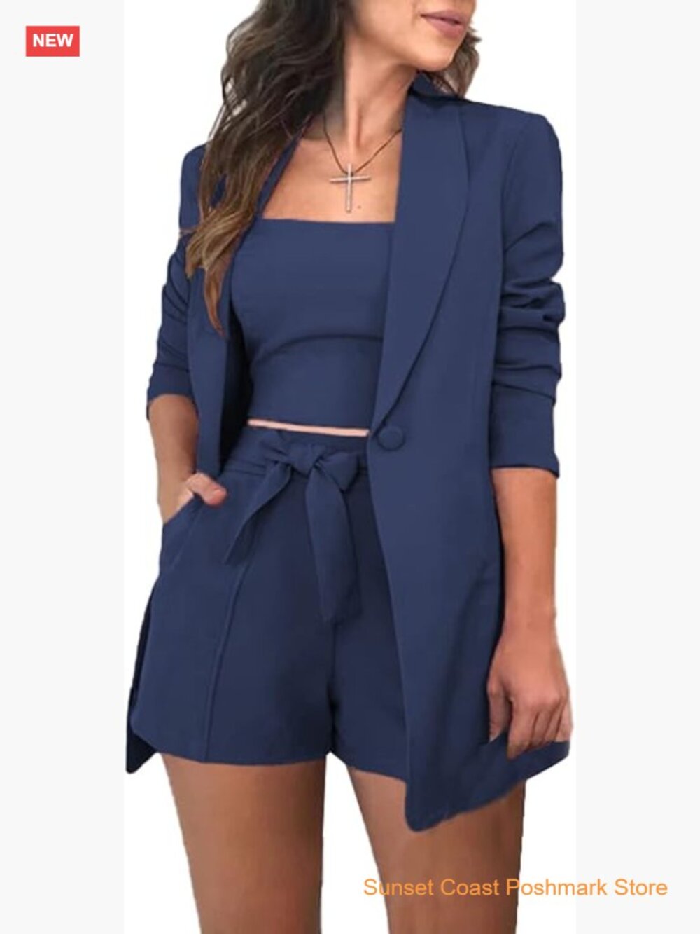 3 Piece Blazer Set with Crop Top and Shorts Belt Business Suit